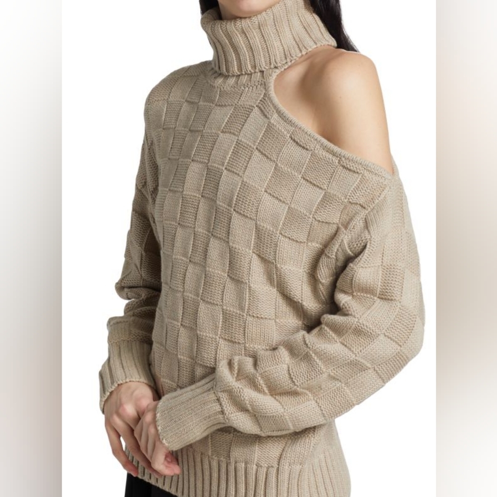 NEW STAUD Rockey Checkered Cold Shoulder Sweater Turtleneck Frappe Taupe XS
